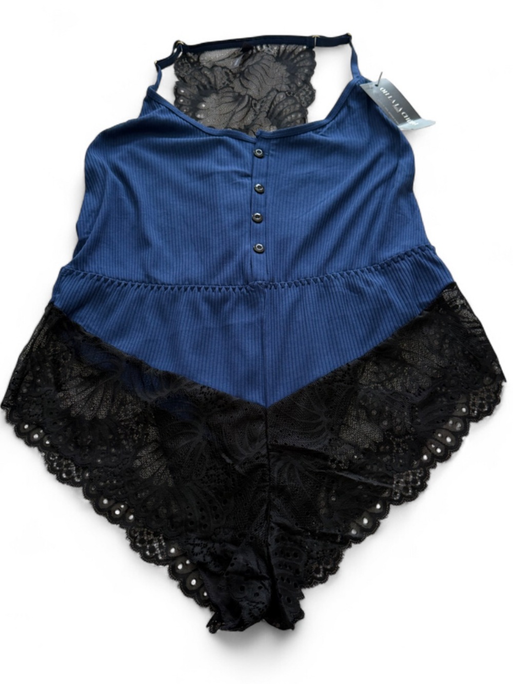 OH Lala Cheri Ribbed Navy Chemise with Black Lace Trim